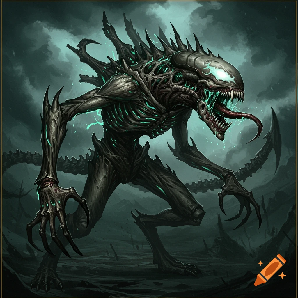 Dark, spiky, alien-like creature with glowing veins and teeth in a misty landscape, digital illustration.