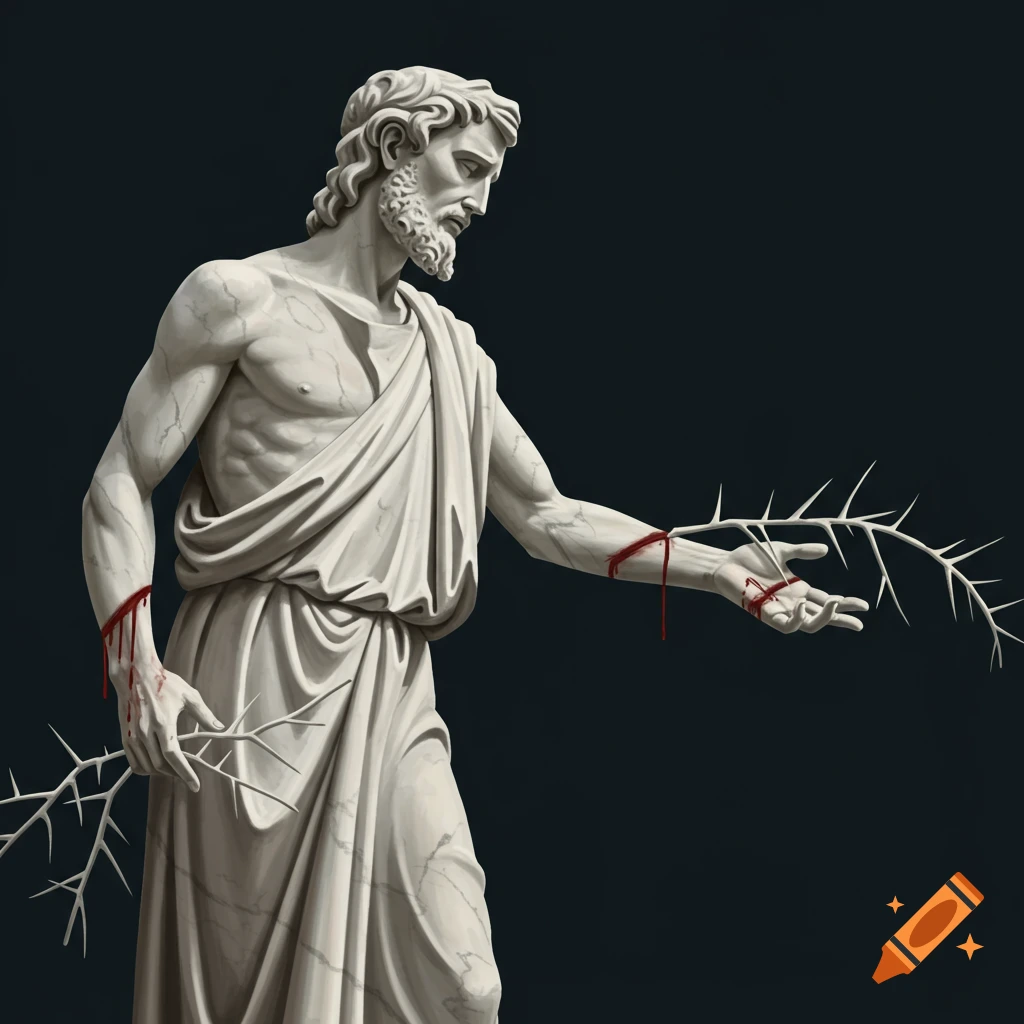Marble statue of man with bloody hands holding thorny branches.
