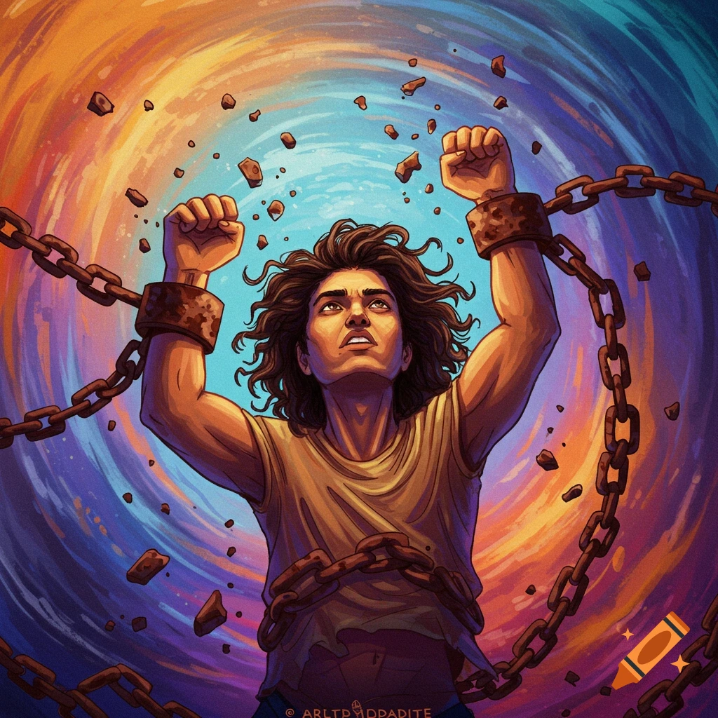 Illustration of a person breaking free from chains against a swirling, colorful sky.