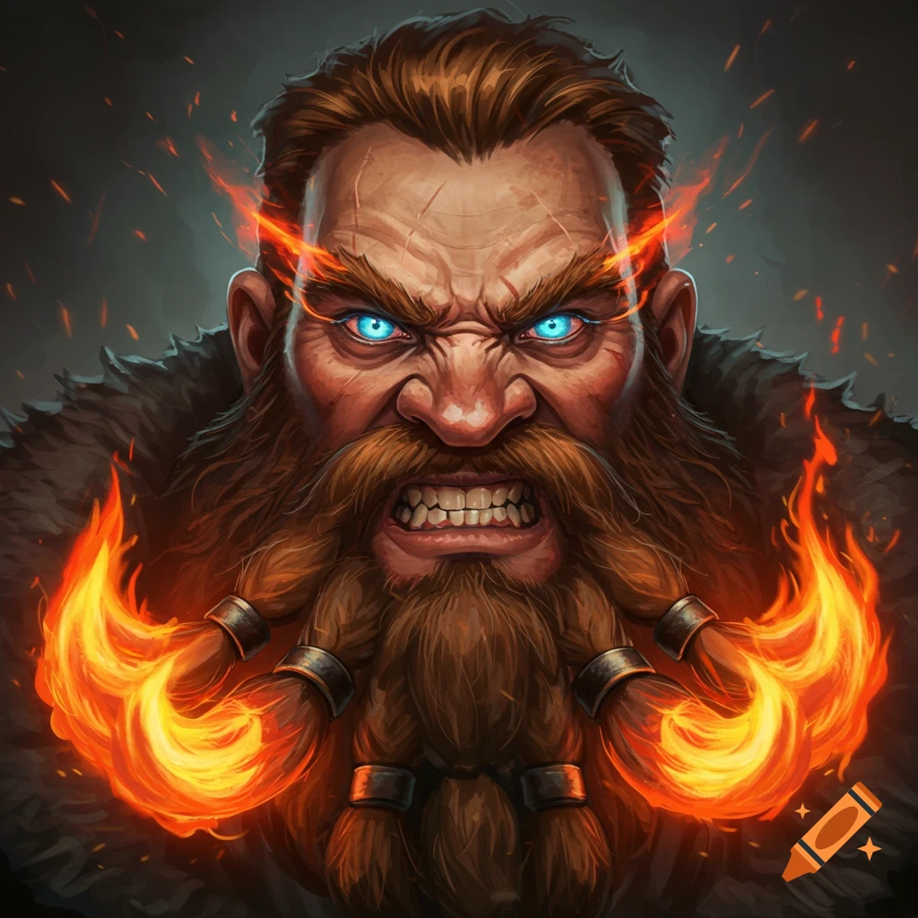 Close-up portrait of an angry dwarf with a brown beard, glowing blue eyes, and fire around his beard.