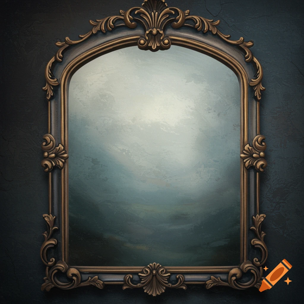 An ornate framed mirror hanging on a dark wall, with a blurred reflection.