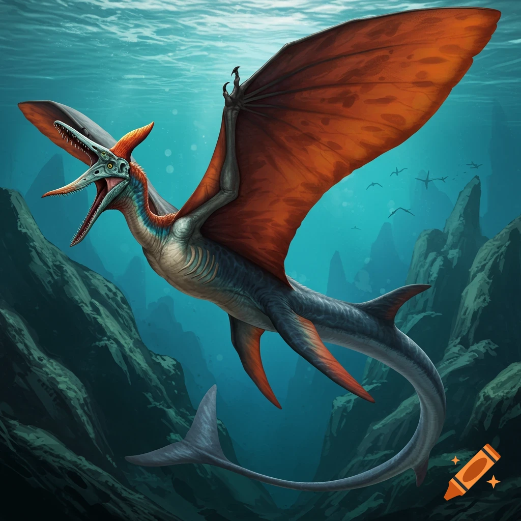 Illustration of a winged reptilian creature with fins and a tail, swimming underwater near rocks.