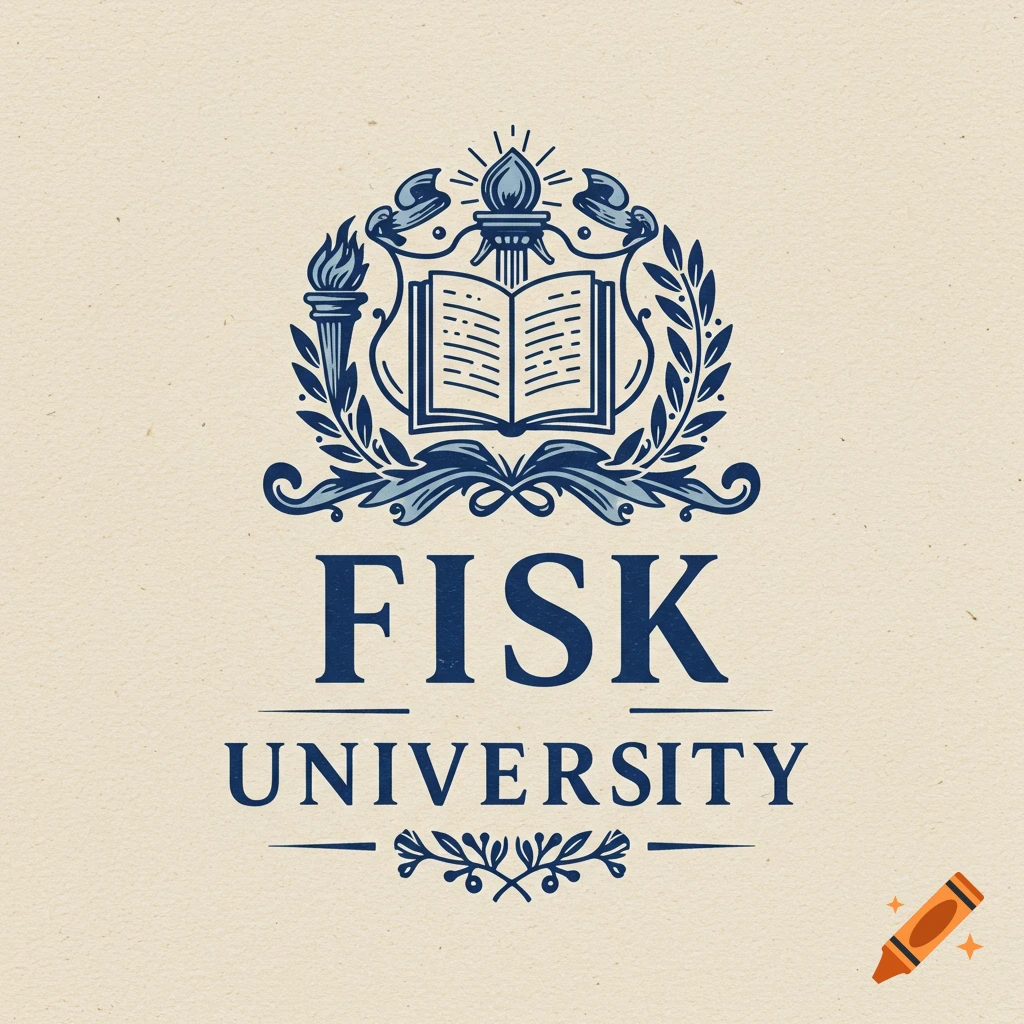Logo with a book, torches, and branches, and the text FISK UNIVERSITY.