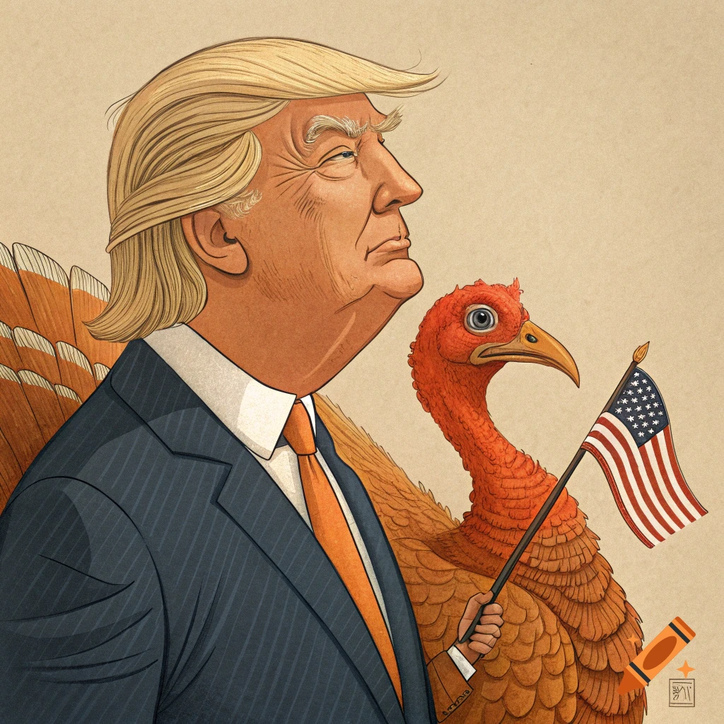 Caricature of Donald Trump as a turkey holding an American flag