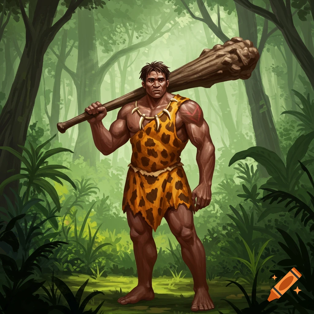 Illustration of a caveman holding a club over his shoulder in a jungle.