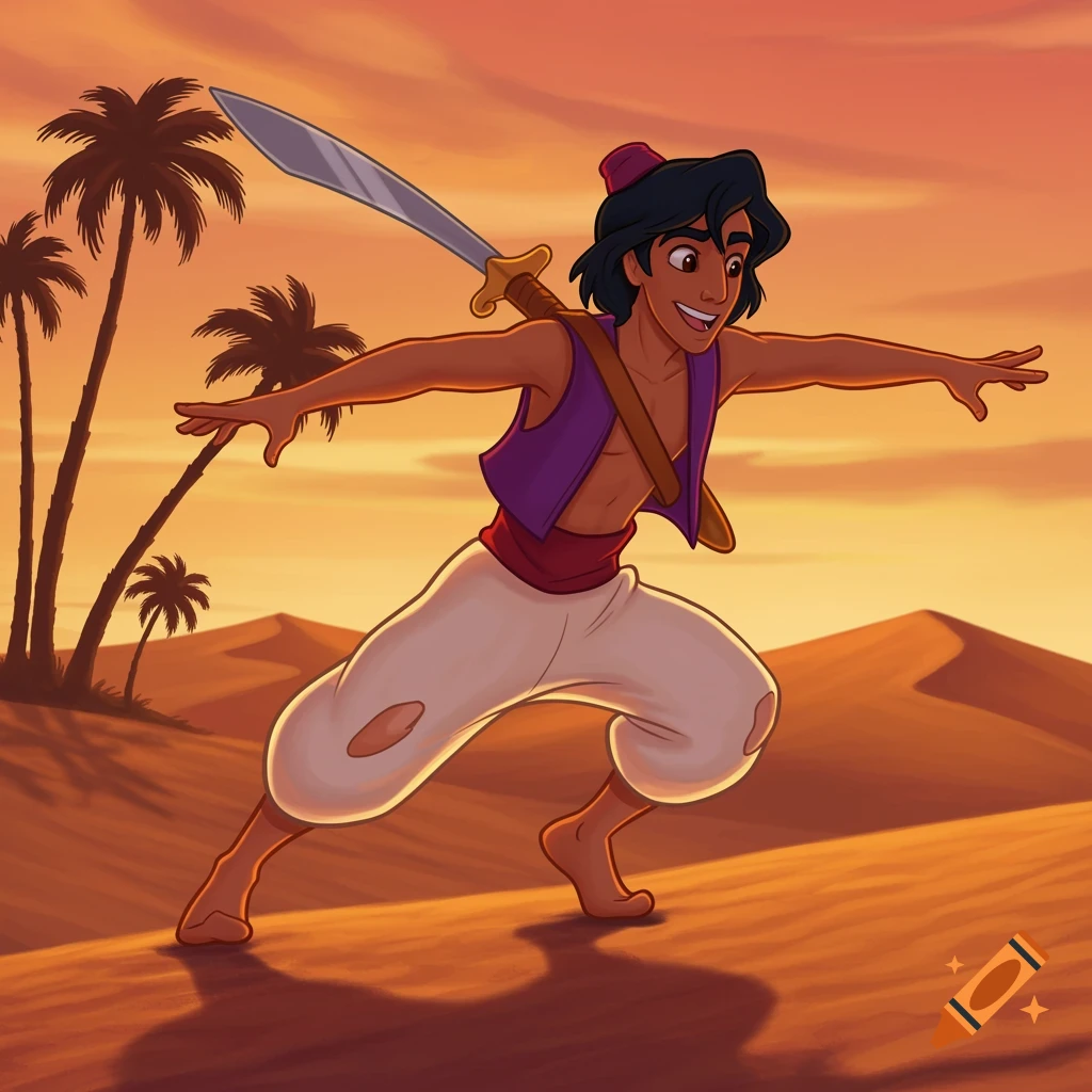 Animated Aladdin runs across a desert dune at sunset with a sword. on ...