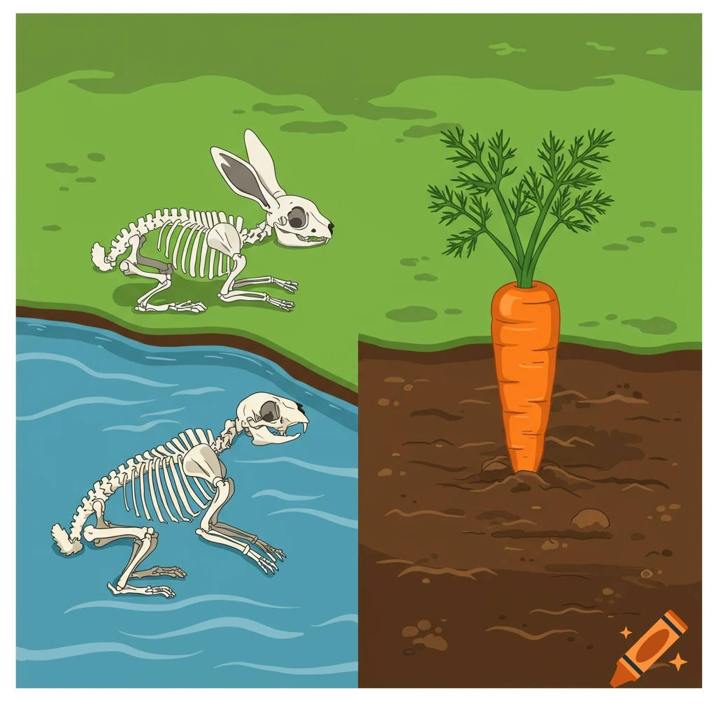 Stylized illustration of a rabbit skeleton on a river bank, a carrot growing in soil on the other, and another skeleton in the water.