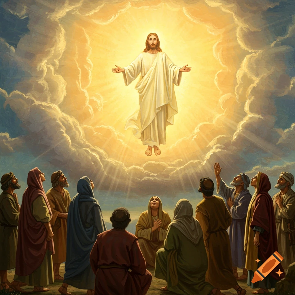 An illustration of Jesus ascending or appearing in the sky, surrounded by light, while people on the ground look up.