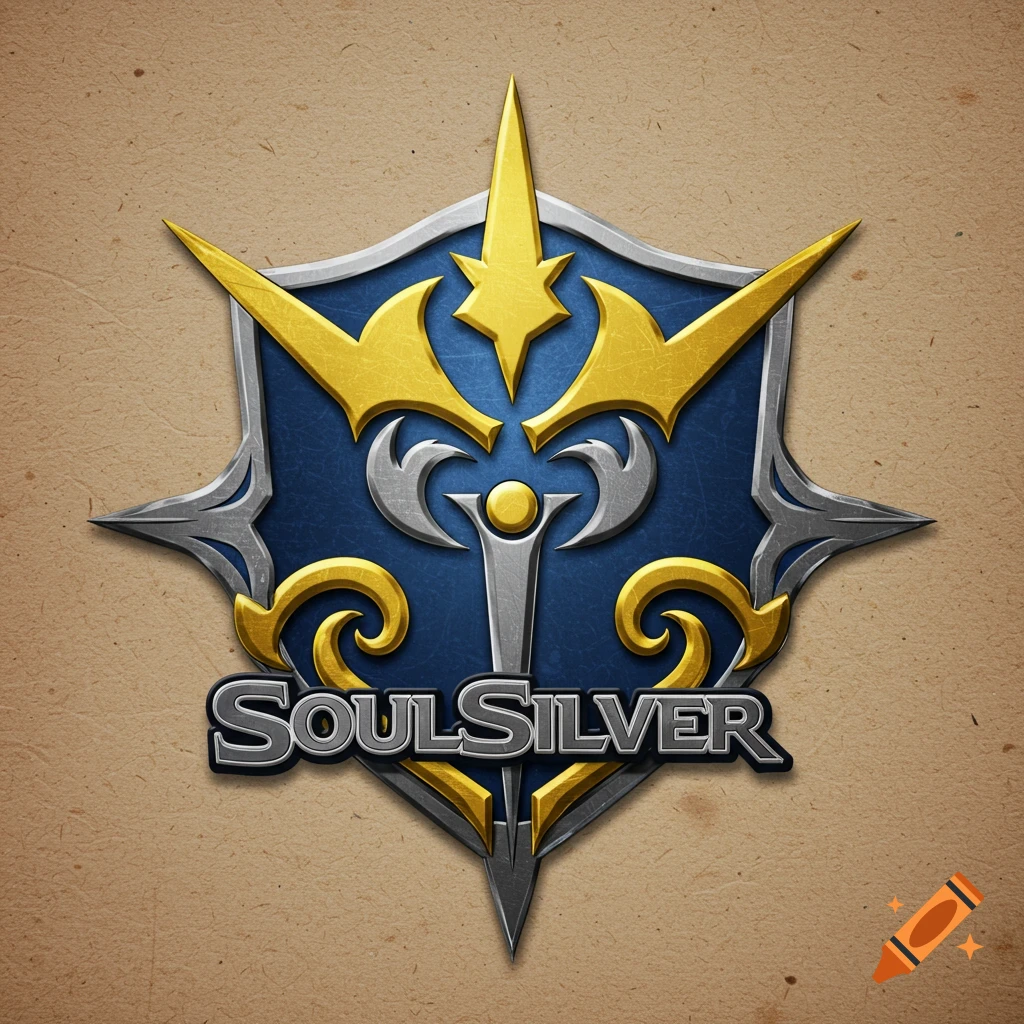 A stylized crest with a blue shield, silver and gold accents, and the text "SOULSILVER" at the bottom.