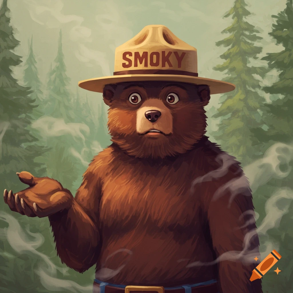 Cartoon illustration of a confused Smoky the Bear in a forest.