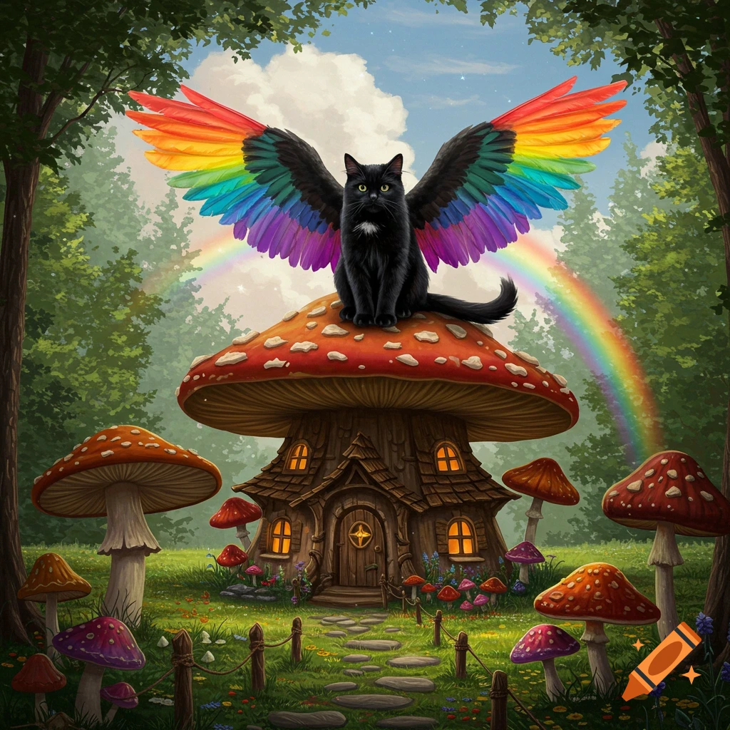 Black cat with rainbow wings sits on a mushroom cottage in a fantasy forest with a rainbow.