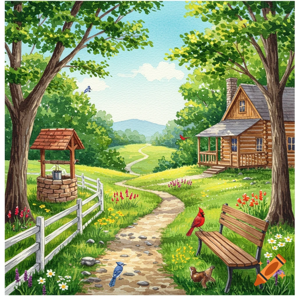 Watercolor painting of a sunny landscape with a log cabin, wishing well, bench, and path winding through trees, flowers, and birds.