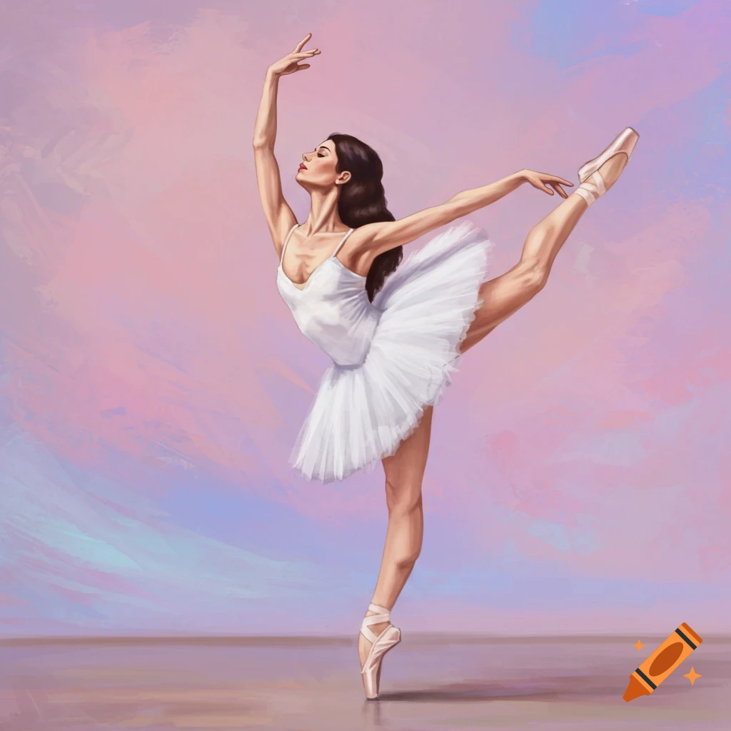 Ballerina performing an arabesque pose in a white tutu against a colorful painted background.