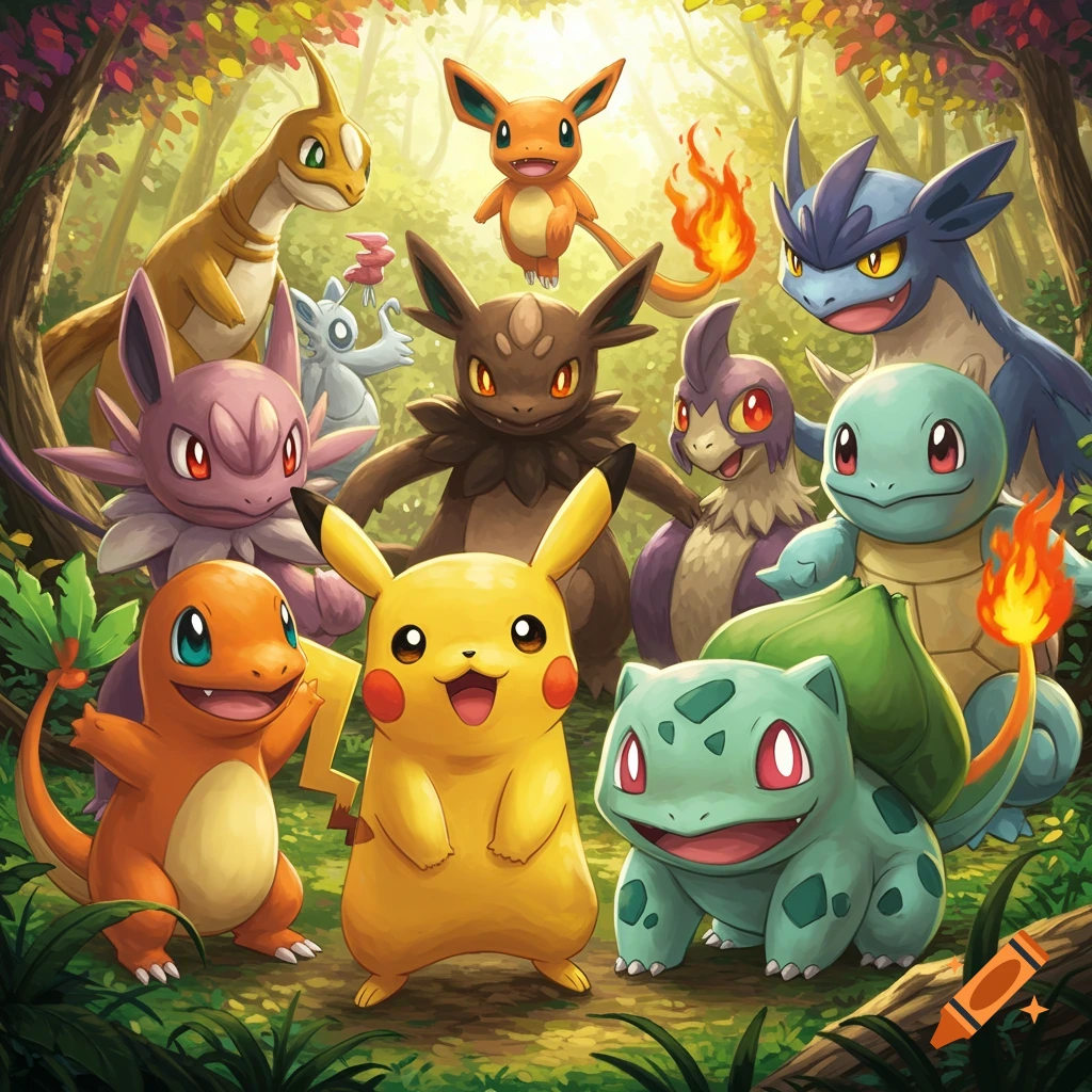 A group of Pokemon characters including Pikachu, Charmander, Bulbasaur, and Squirtle in a forest clearing.