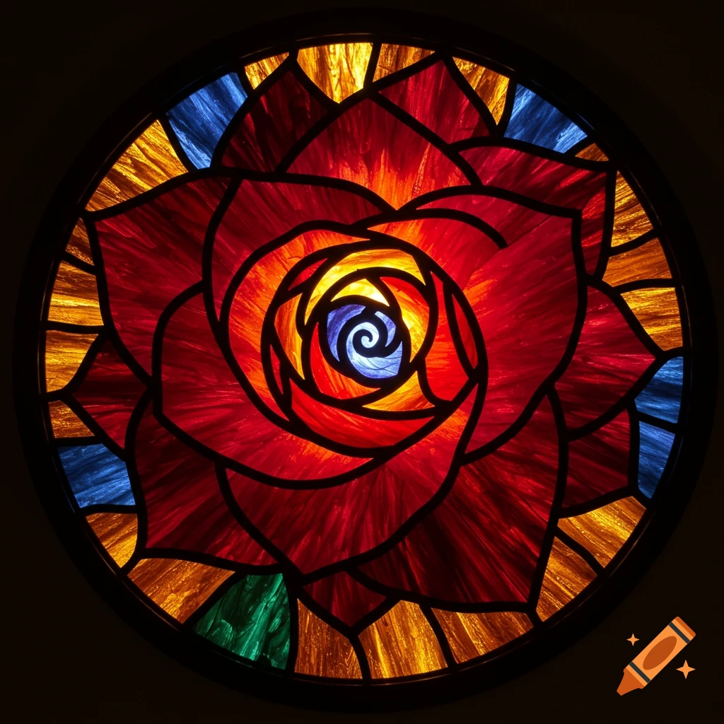 Stained glass circular window featuring a red rose