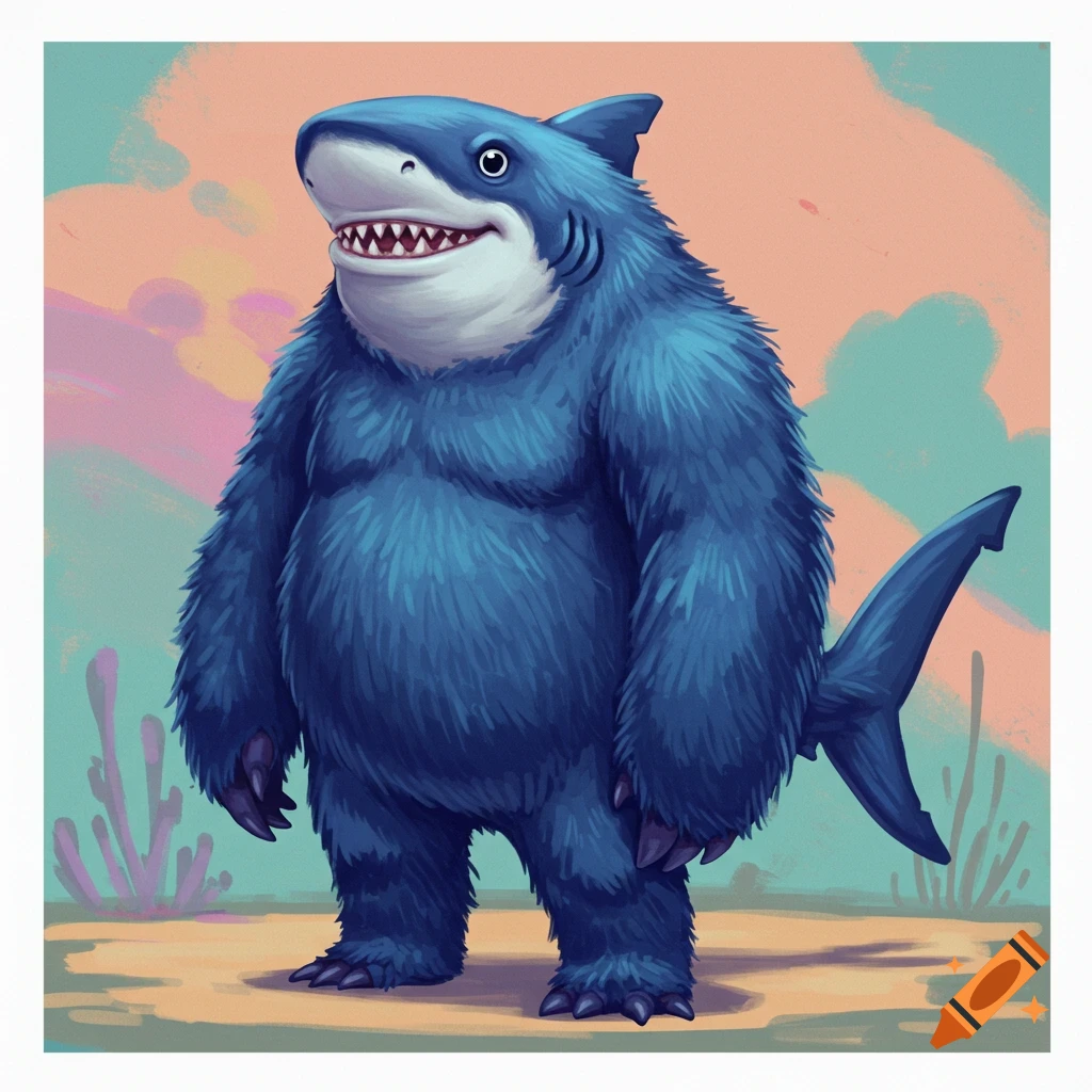 Cartoon shark wearing blue nike sneakers running on a beach near the