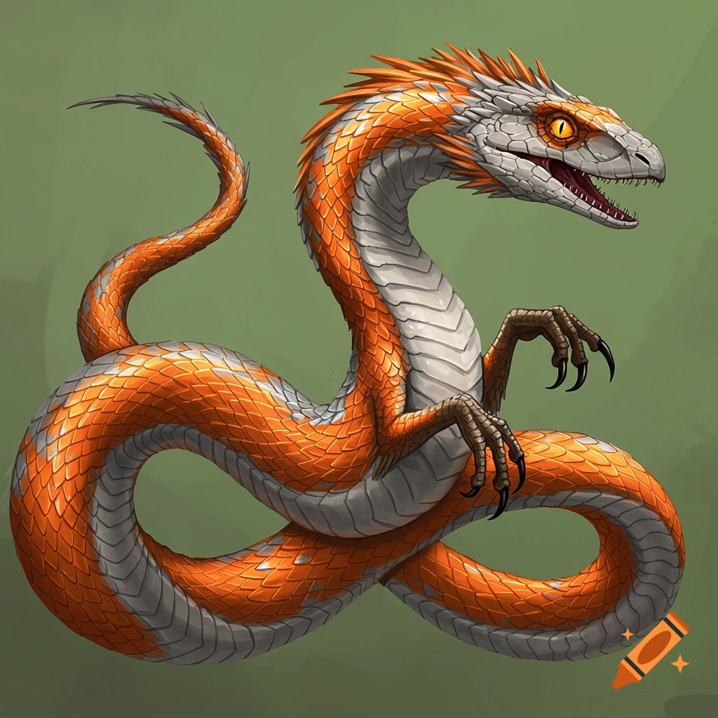 Illustration of an orange and grey snake-raptor creature coiled.