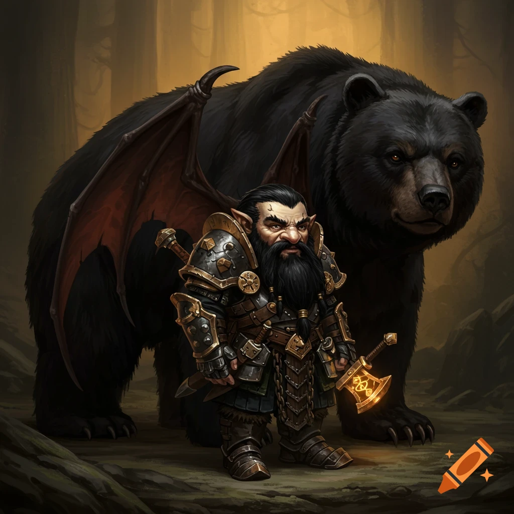 A fantasy illustration of a dwarf warrior and a winged black bear in a forest.