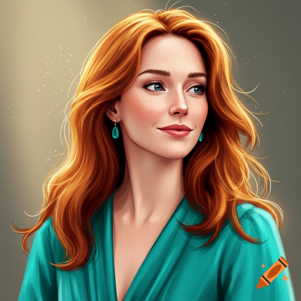 Portrait of a woman with long red hair and blue eyes wearing a teal dress.