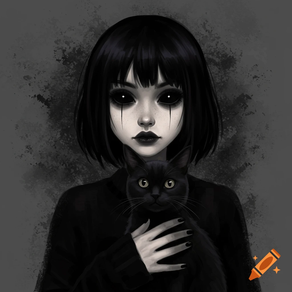 A dark illustration of a girl with black hair and black eyes holding a black cat