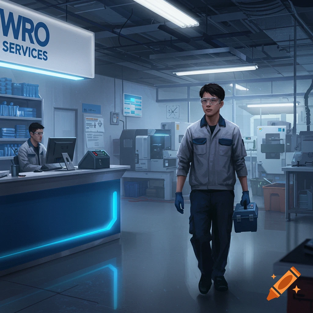 A man carrying a toolbox walks through a factory workshop. Another man sits at a desk.