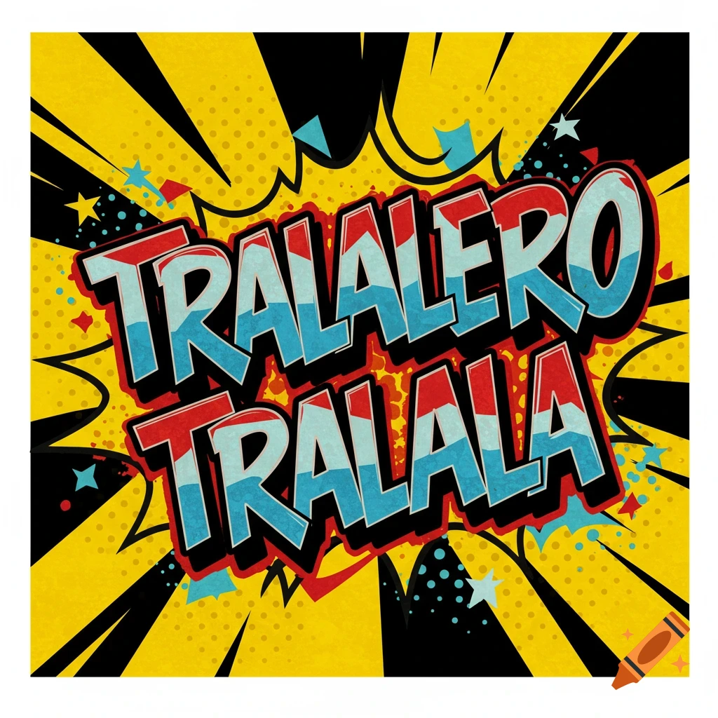 Red and blue comic text 'TRALALERO TRALALA' on a yellow pop art background.