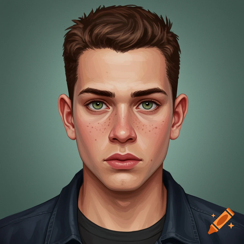 Stylized portrait illustration of a young man with brown hair, green eyes, and freckles.