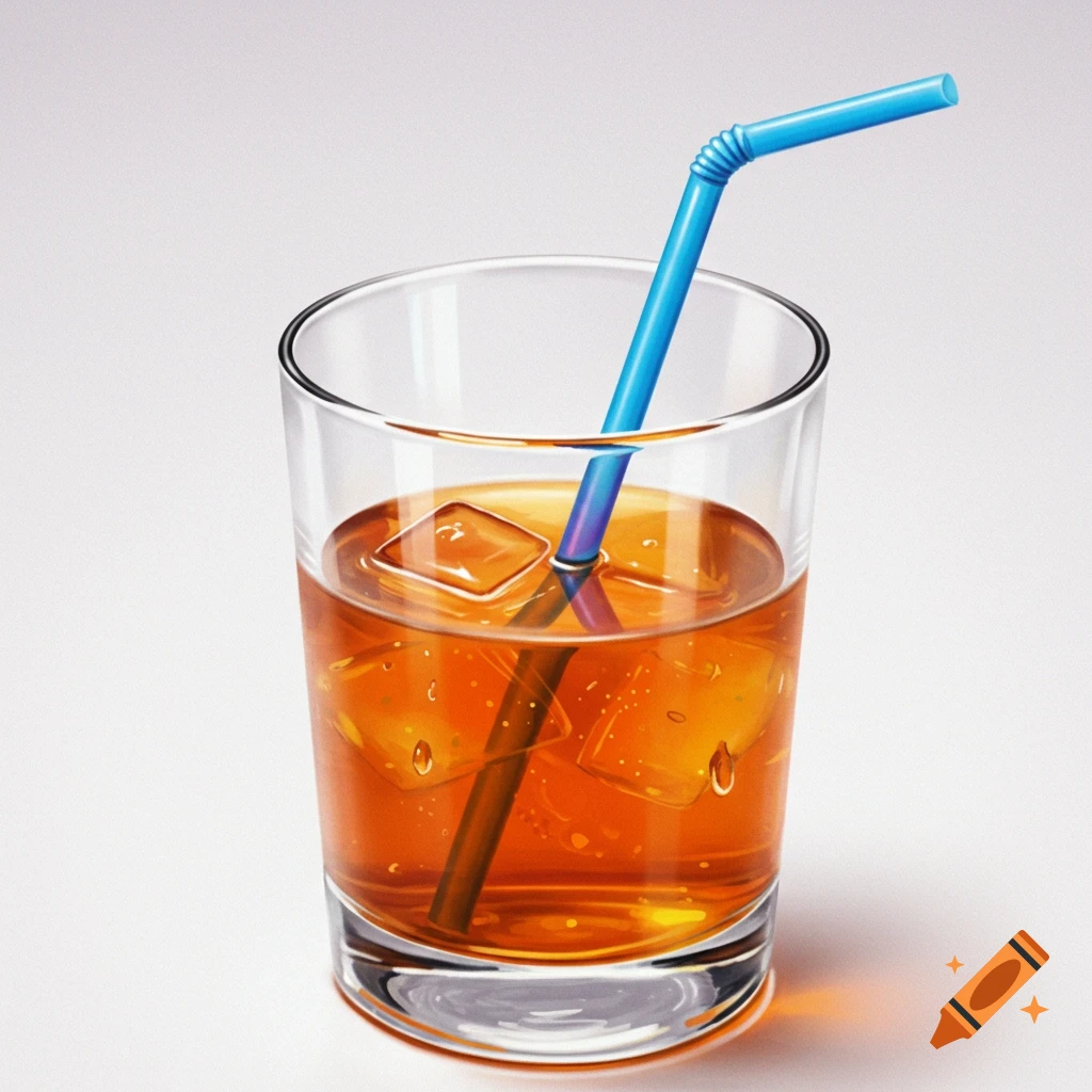 Glass with ice and a drink, a blue straw turns purple in the liquid.