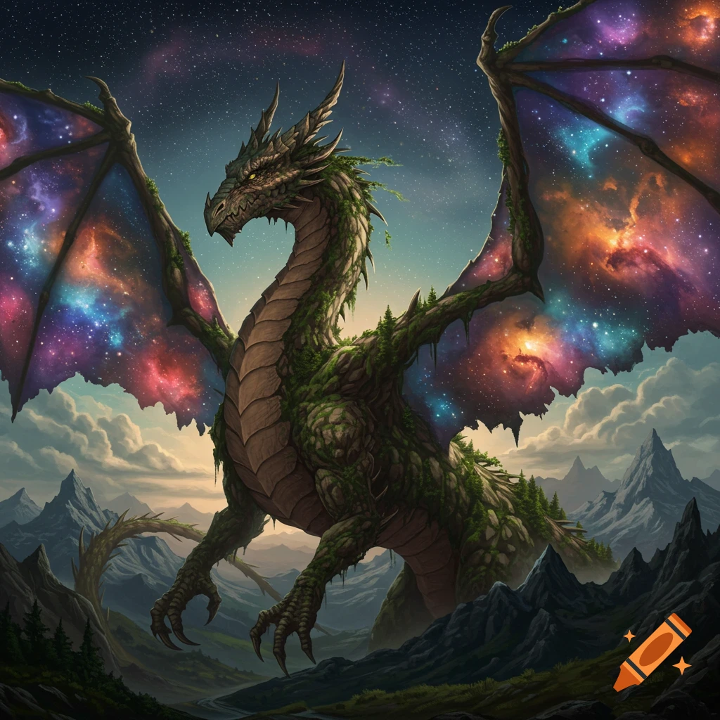 A large green dragon covered in moss and trees stands in a valley. Its transparent wings show galaxies under a starry sky.