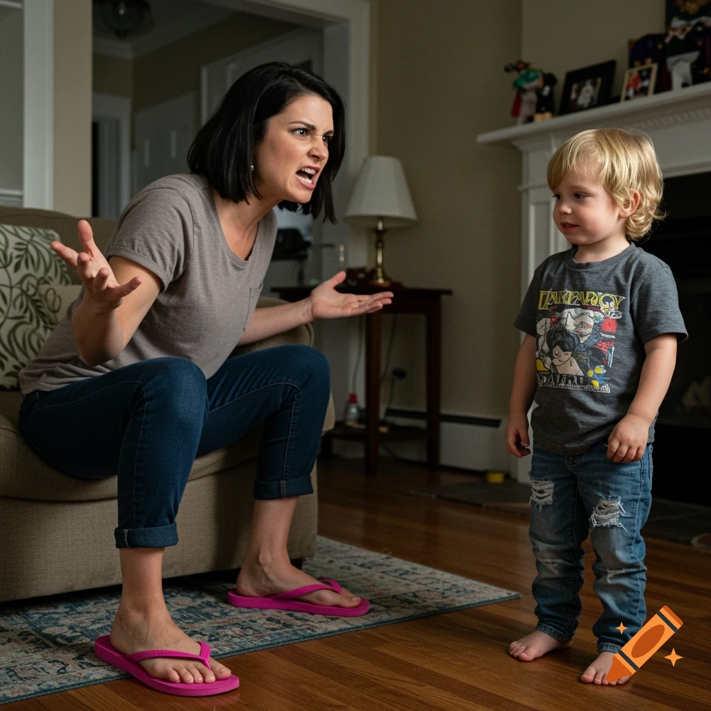 A mother looking angry and talking to a young child in a living room.