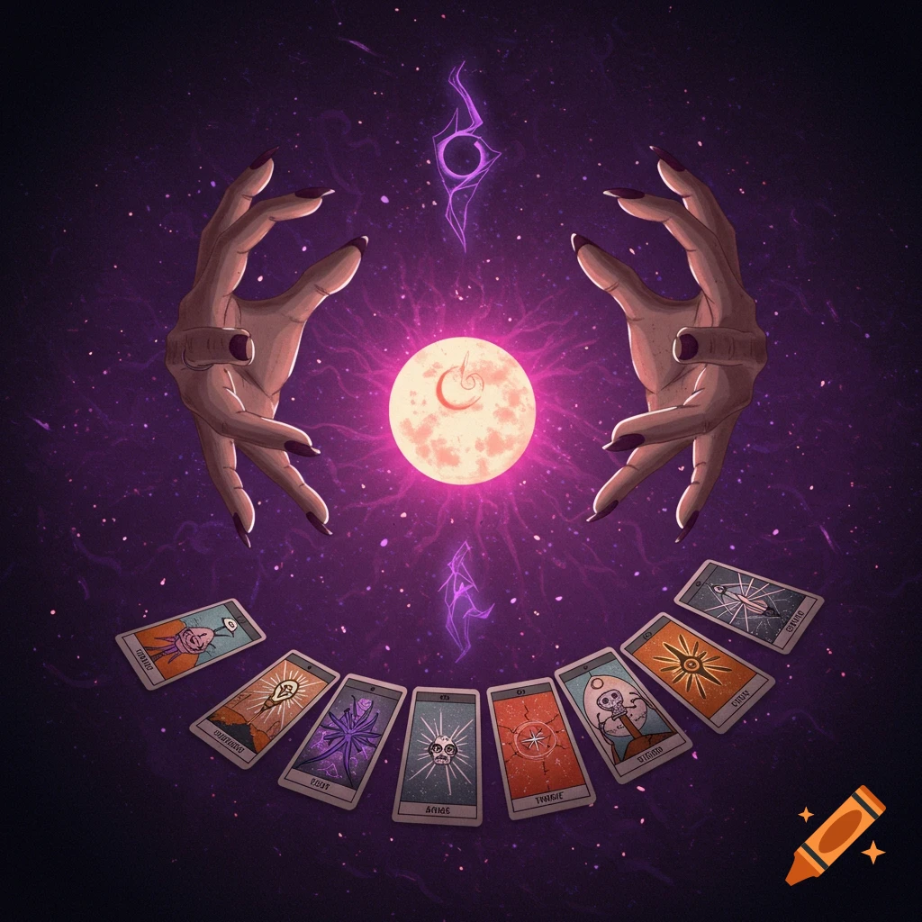 Illustrative art of hands hovering over a spread of tarot cards under a glowing moon.