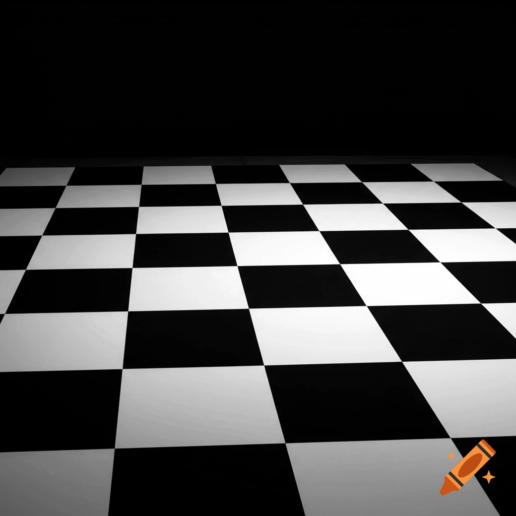 A black and white checkered floor receding into darkness.