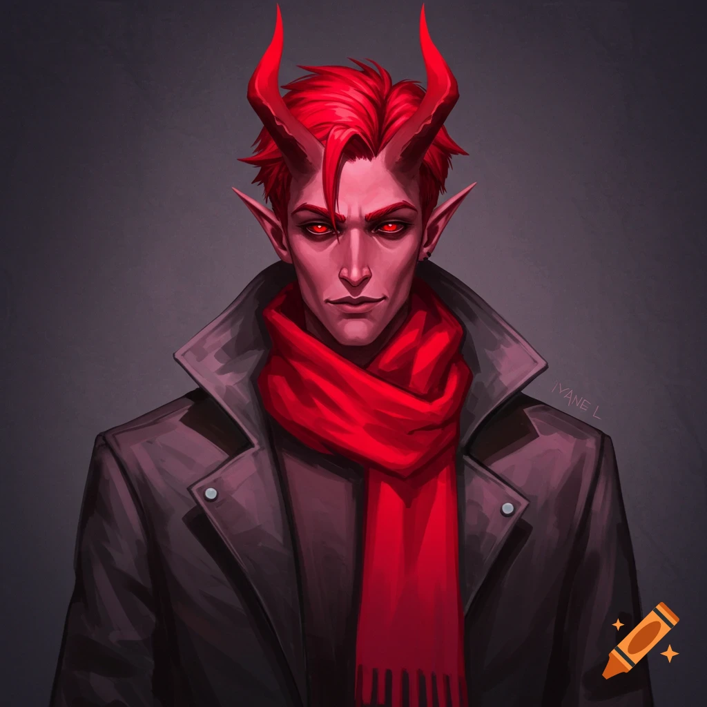 Stylized portrait of a male character with red horns, red eyes, a black coat, and a red scarf.