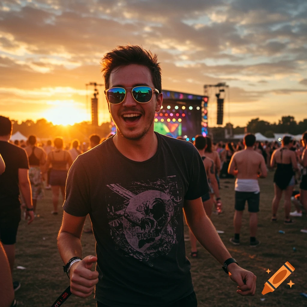 Smiling man in sunglasses at a music festival during sunset