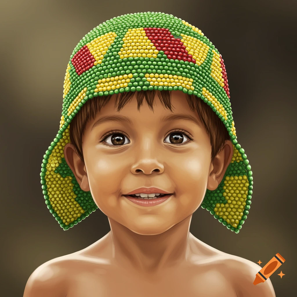 A close-up portrait of a young boy wearing a colorful beaded hat.