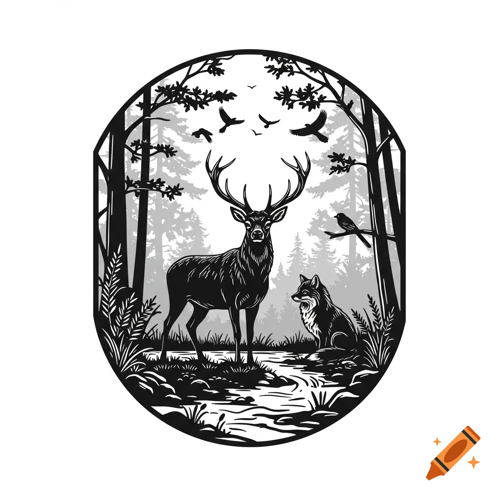 Black and white illustration of a deer, fox, and birds in a forest clearing within an oval frame.