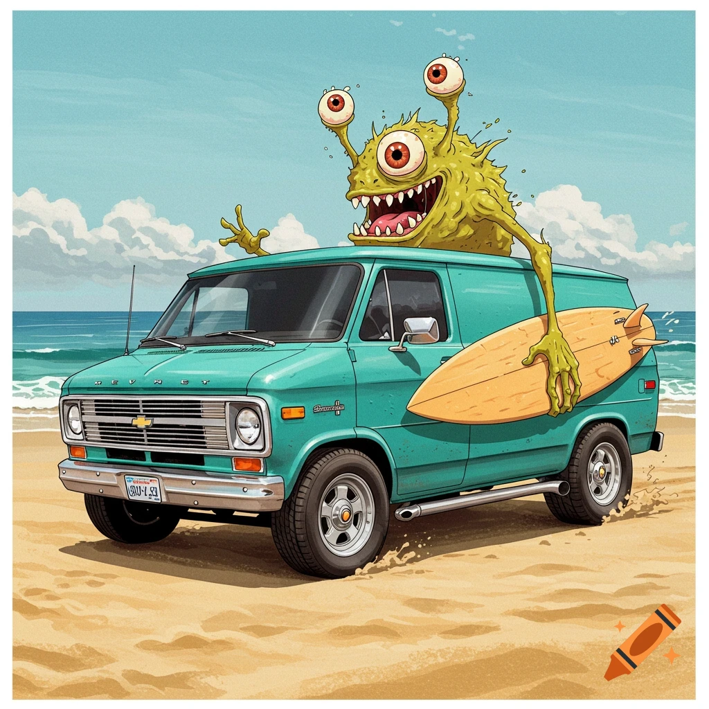 Illustration of a green monster on a turquoise van with a surfboard on a beach.