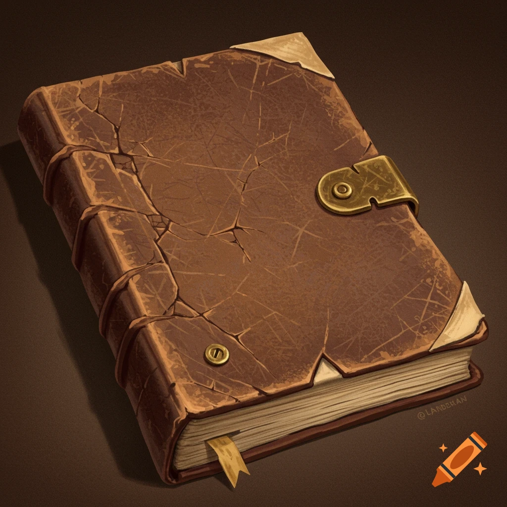 An old, cracked brown leather journal with brass corners and clasp.