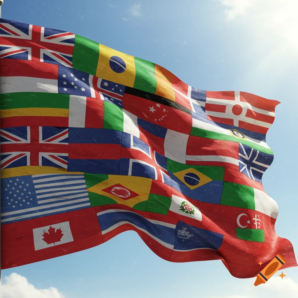 A large flag composed of many country flags waves against a cloudy blue sky.