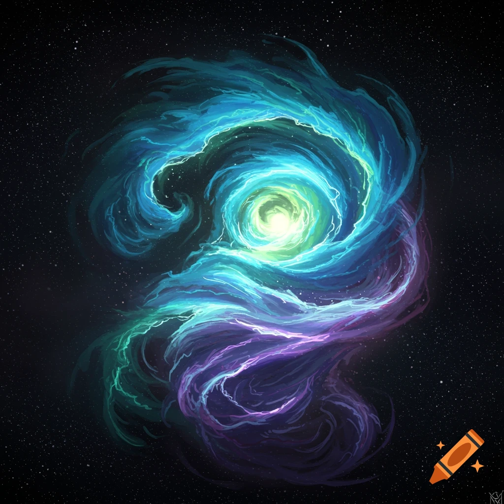 A vibrant, swirling cloud of blue, green, and purple cosmic energy resembling a nebula or air element against a starfield.