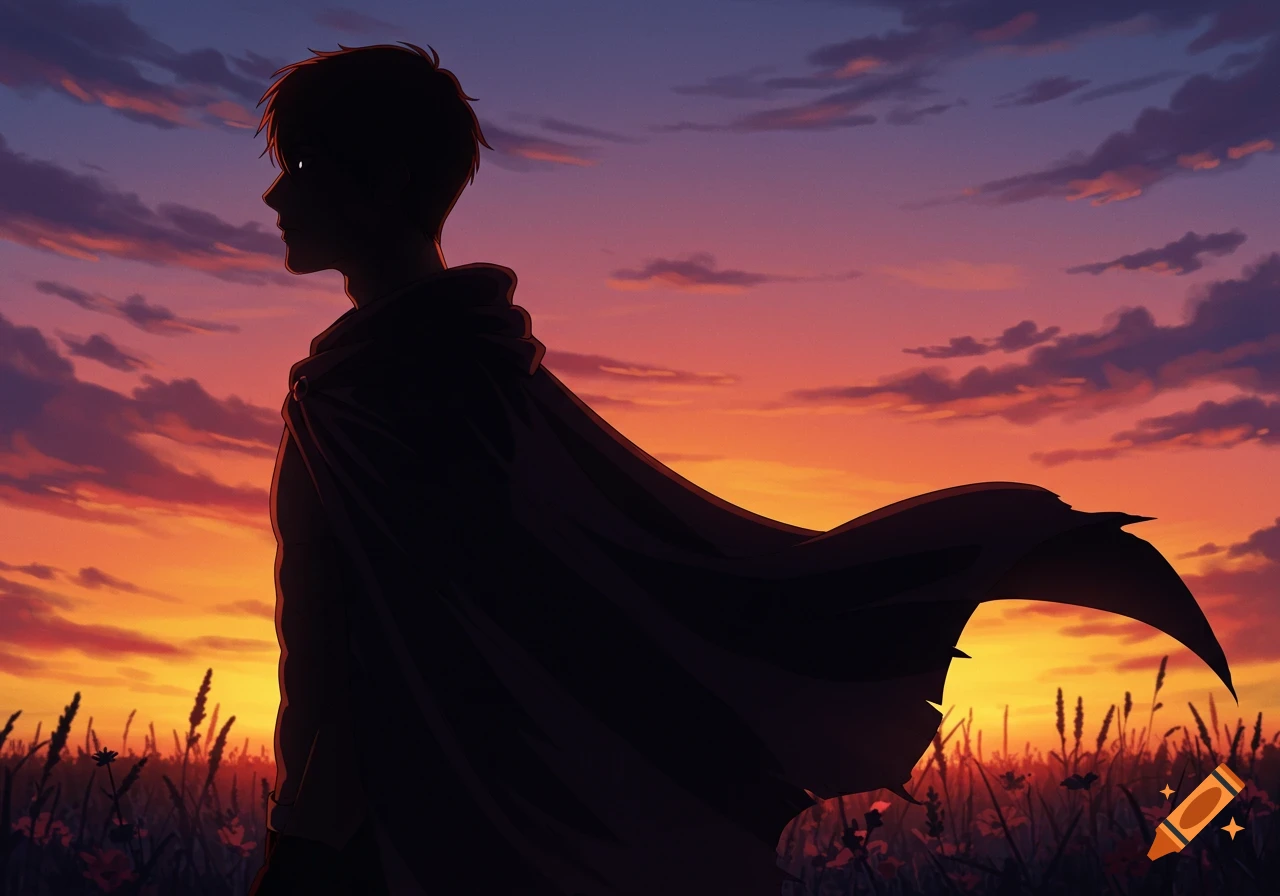 Silhouette of a man in a cloak standing in a field against an anime sunset.