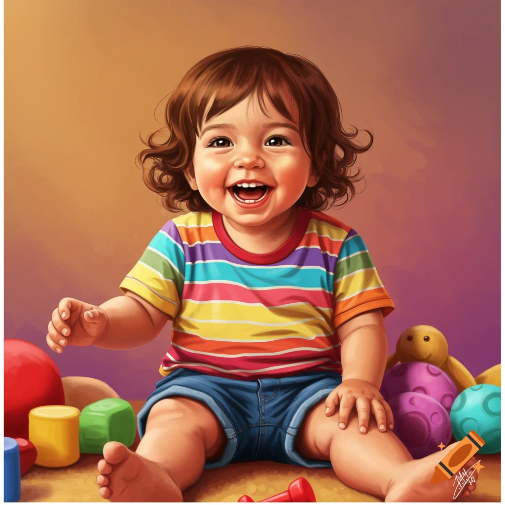 Illustration of a happy toddler with brown hair playing with colorful toys