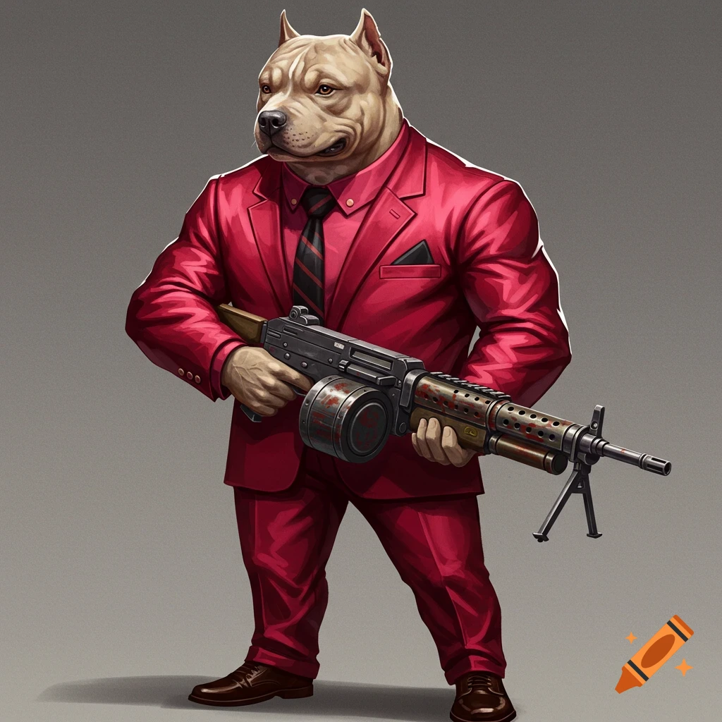 Pitbull in red suit holding machine gun