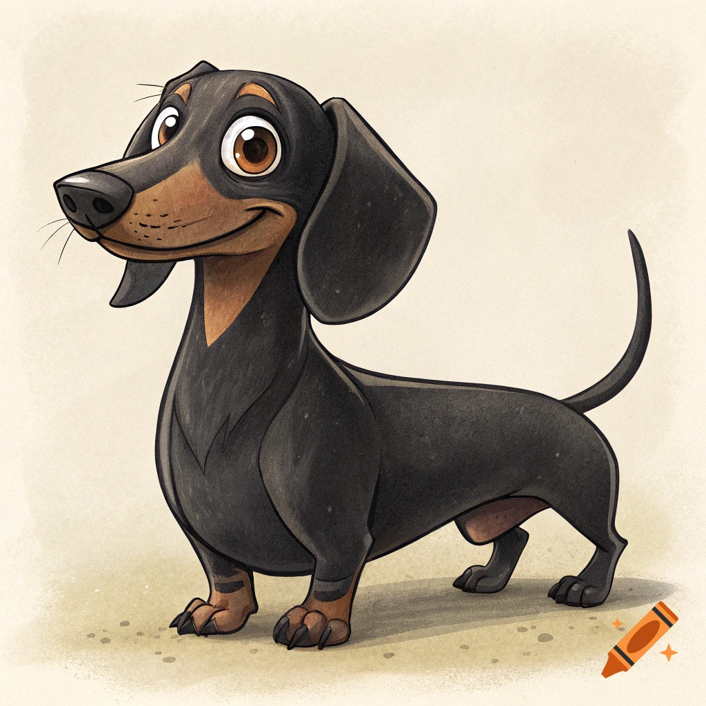 A cartoon illustration of a black and brown dachshund.