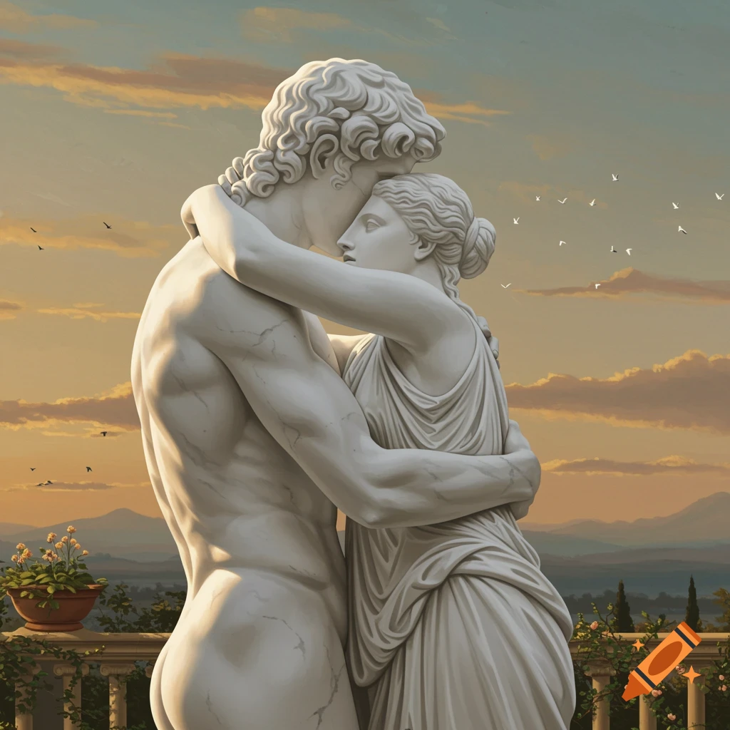 Marble statues of a man and woman hugging in profile view against a sunset landscape.