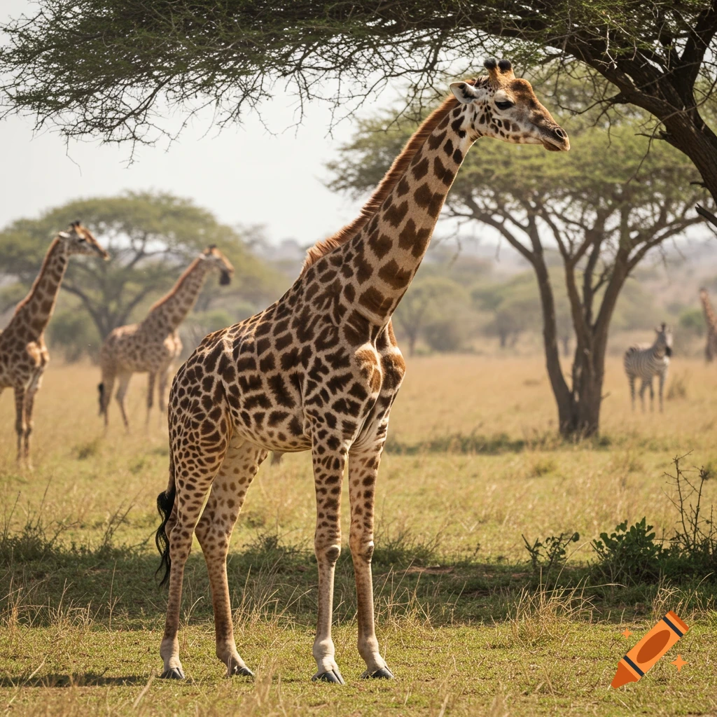 Several giraffes and a zebra standing in a sunny savanna landscape with trees.