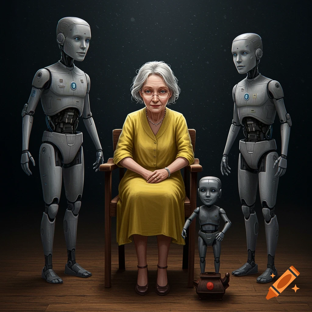 An older woman sits in a chair, flanked by two tall humanoid robots, with a small robot nearby.