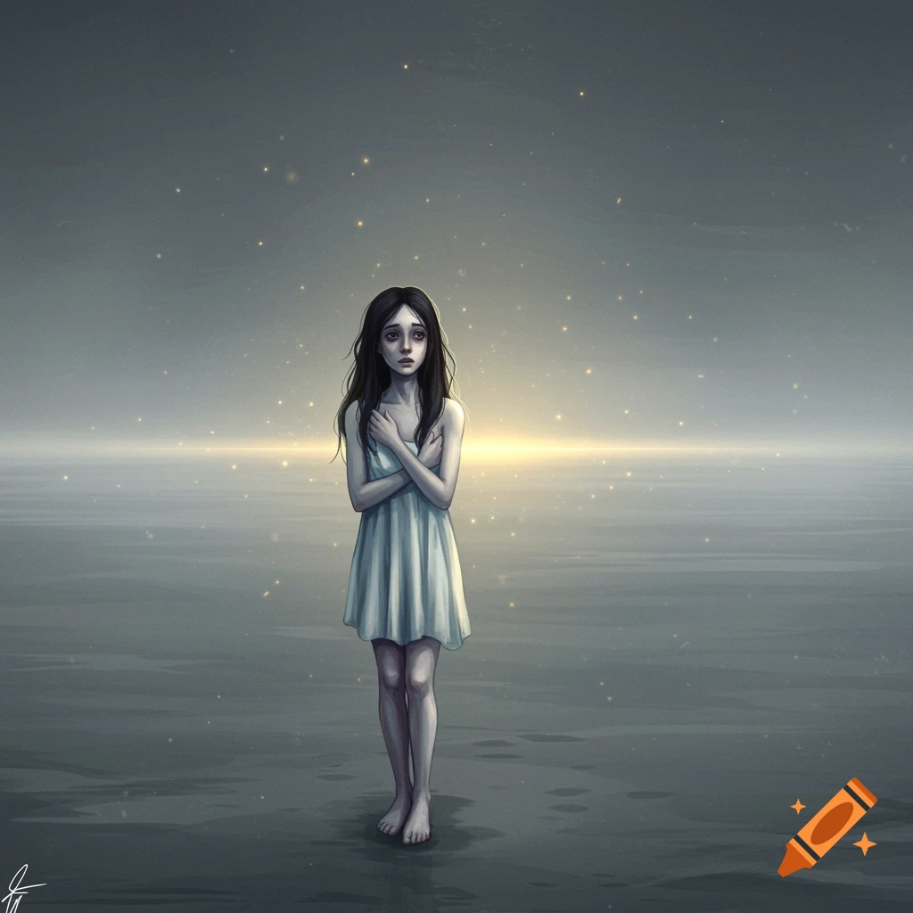 Illustration of a sad young woman standing alone in a misty, glowing landscape.