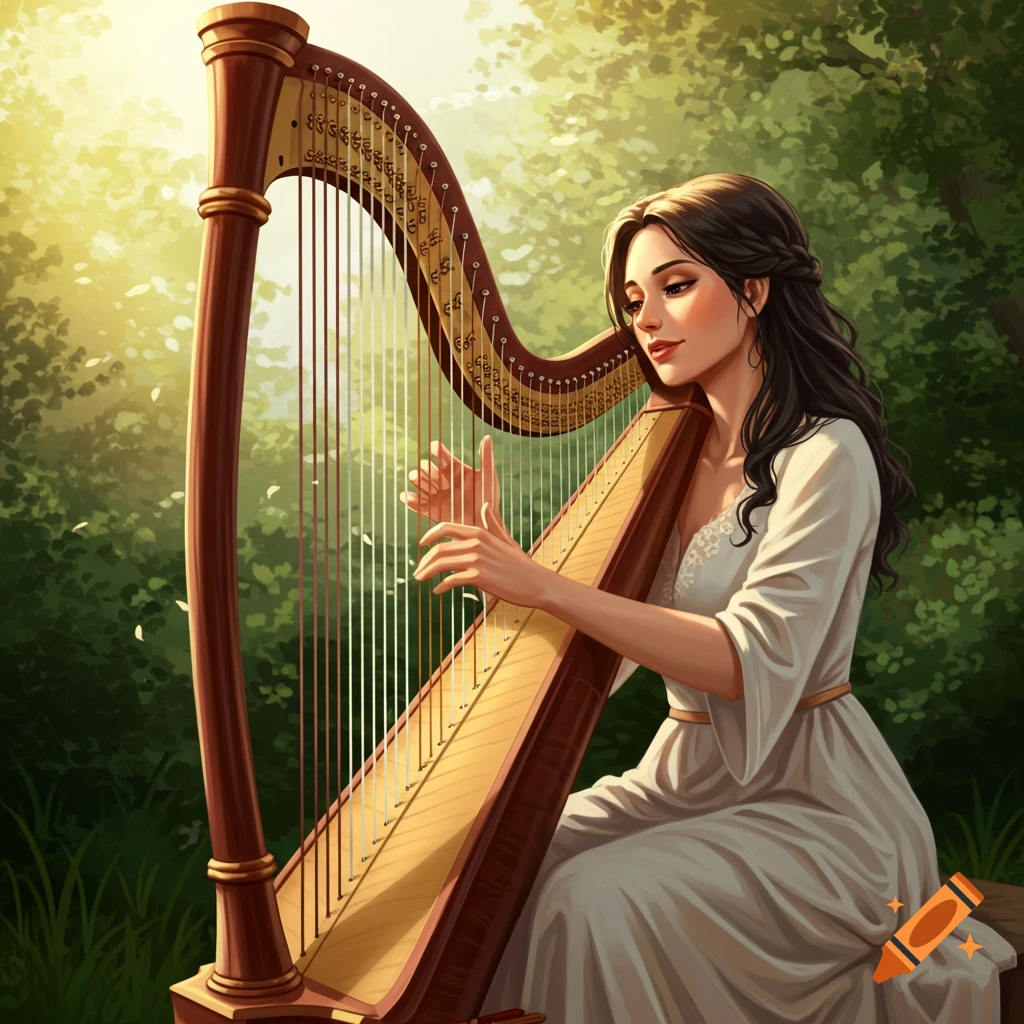 A woman in a white dress plays a large harp in a sunlit forest.