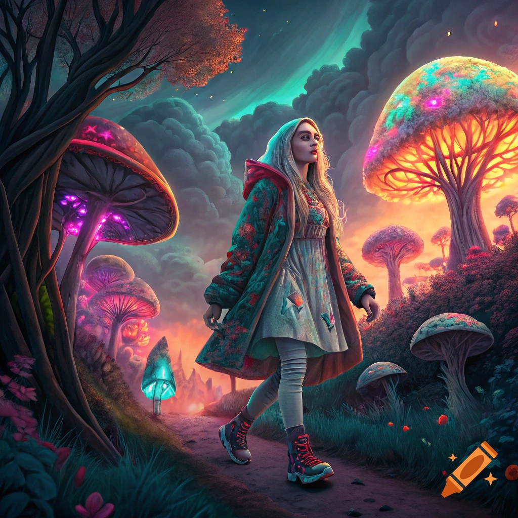 A woman walks through a brightly lit fantasy forest filled with giant glowing mushrooms.